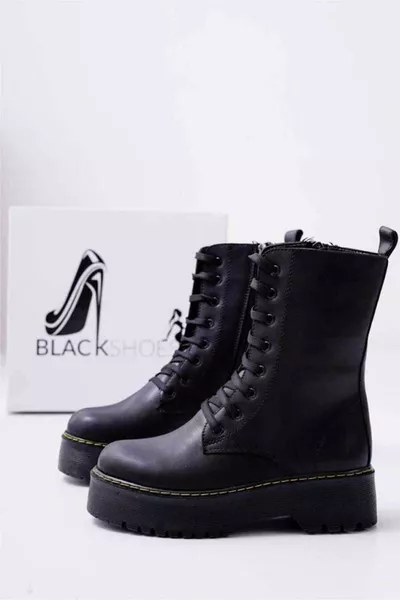 حذاء نسائي أسود و بوتي بقاع سميك، حذاء بسحاب، حذاء أسود رسمي، حذاء مقاوم للماء