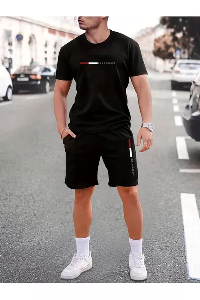 Men's Black Oversized White Los Angeles Printed Crew Neck Short Sleeve T-shirt and Shorts Set