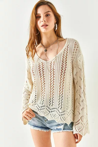 Vrouwen Witte Spaanse Mouw Geometrisch Gedetailleerde Katoenen Gebreide Blouse 