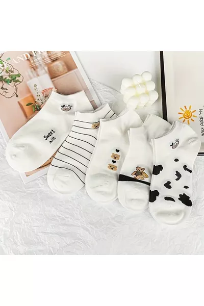 5 أزواج جوارب نسائية بطبعة باندا / بقعة بقري باللون الأبيض