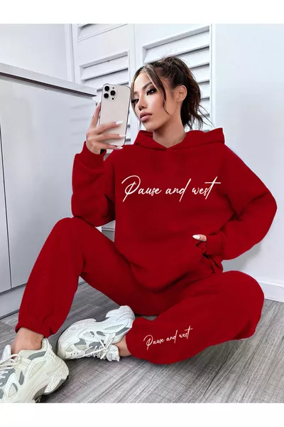 Pause Hooded Set Sweatshirt and Sweatpants - Red Printed Oversize Elastic Cuffed