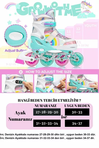 Pattini Illuminati Unicorn 2+2 Arcobaleno per Bambina, Ruote in Silicone, Borsa da Trasporto, 3 in 1