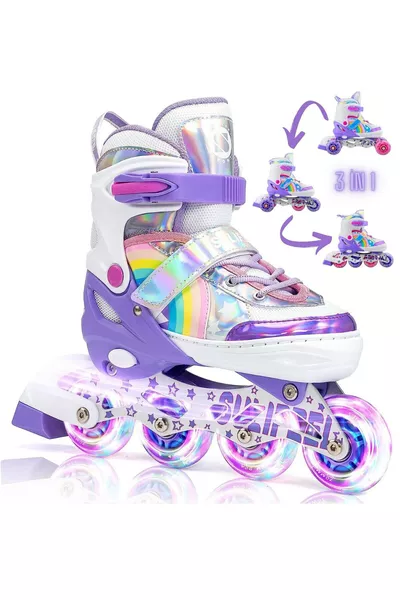 Pattini Illuminati Unicorn 2+2 Arcobaleno per Bambina, Ruote in Silicone, Borsa da Trasporto, 3 in 1