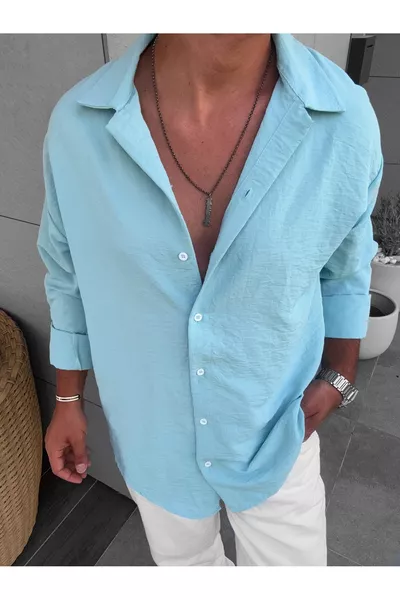 قميص رجالي باللون النعناعي بتصميم واسع وواسع الحجم بمظهر الكتان من أيروبين