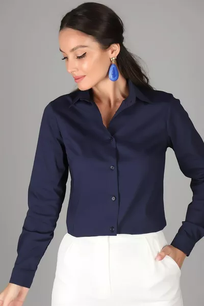 نسائي الأزرق الداكن ليكرا طويلة الأكمام القطن قميص كلاسيكي