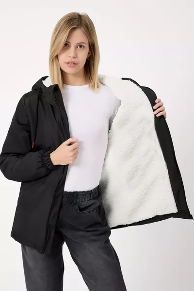 Women's Black Fur Hooded Winter Coat & Overcoat & Parka, Water and Windproof