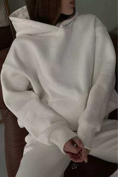 White Hooded Fleece-Lined Oversized Sweatshirt 