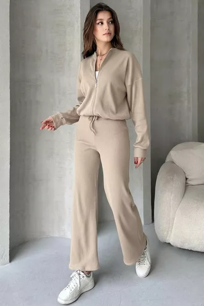 Beige Ribbed Pants with Zipper Bomber Jacket Women's Top and Bottom Set