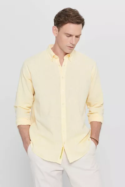 Men's Yellow Linen Comfort Fit Casual Shirt with Button Collar
