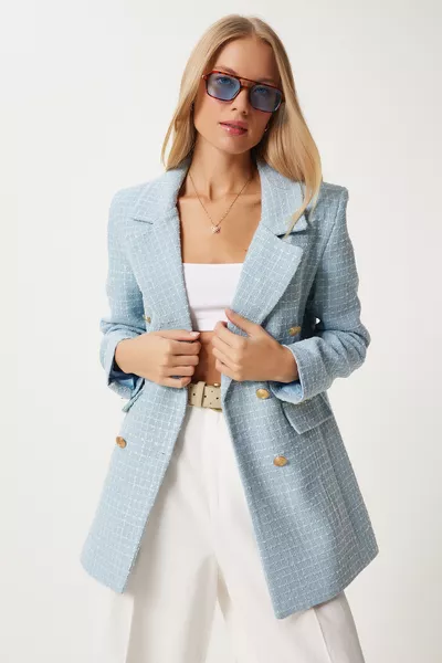 Women's Sky Blue Buttoned Blazer Tweed Jacket 