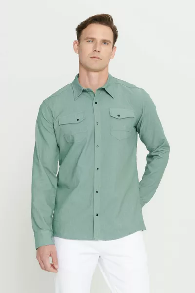 Men's Green Slim Fit Tailored Classic Collar Cotton Shirt