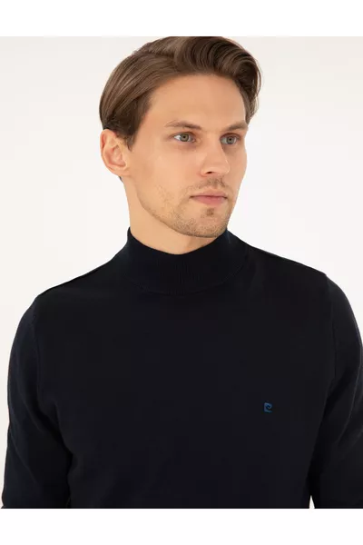 كنزة تريكو أساسية ضيقة بحزام نصف عالية باللون الكحلي 