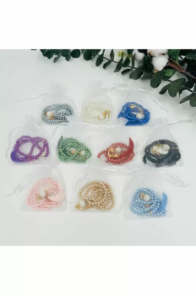 Комплект от  броя перлени броеници в тюлени торбички, смесени цветове (Мевлид-Хадж-Умра-Сунет)