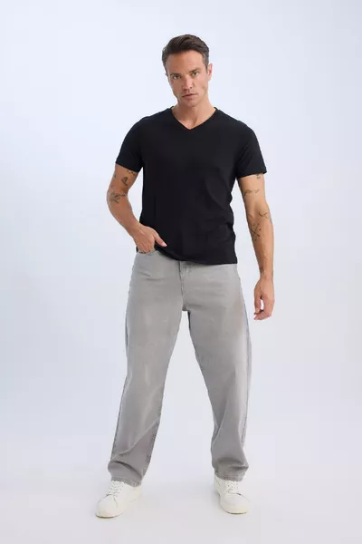 % Cotton Regular Fit V-Neck Cotton Basic Plain Short Sleeve Black T-Shirt sp