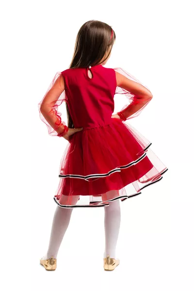 فستان زي الاحتفال بعيد الميلاد للبنات بفستان أحمر مزين بالتول وغزلان - من عمر 2 إلى 8 سنوات