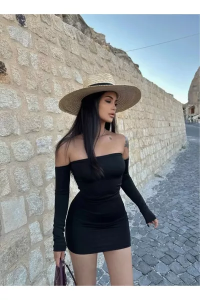 Women's Black Mini Strapless Neoprene Dress