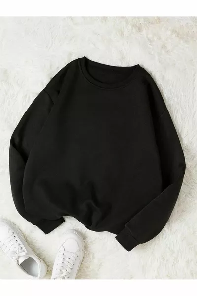 سويتشيرت أسود بفتحة رقبة دائرية بسيط وواسع للجنسين من القطن