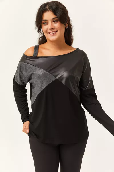 Women's Plus Size Black Blouse with Leather Trim and Asymmetric Collar