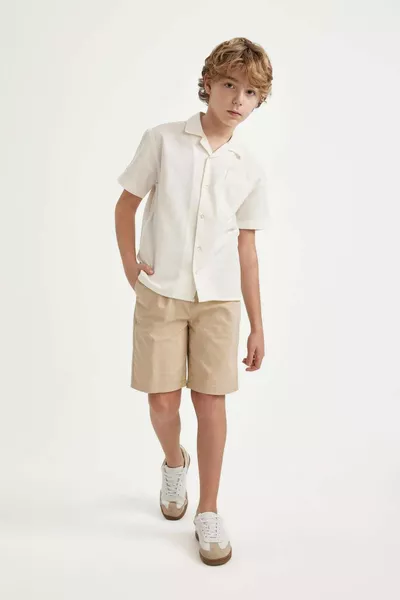 Jungen Basic Einfarbige Gabardine Shorts mit Elastischem Bund und Taschen SM