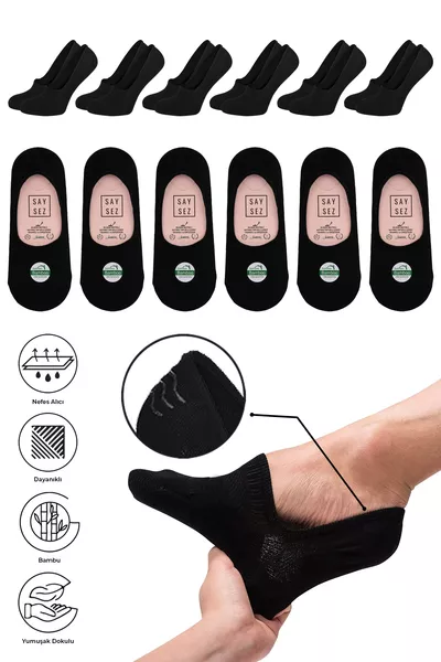 حذاء نسائي بامبو مسطح أسود، جوارب غير مرئية خالية من الغرز بمؤخرة مانعة للانزلاق مع سيليكون، عبوة فاخرة مكونة من 6 قطع