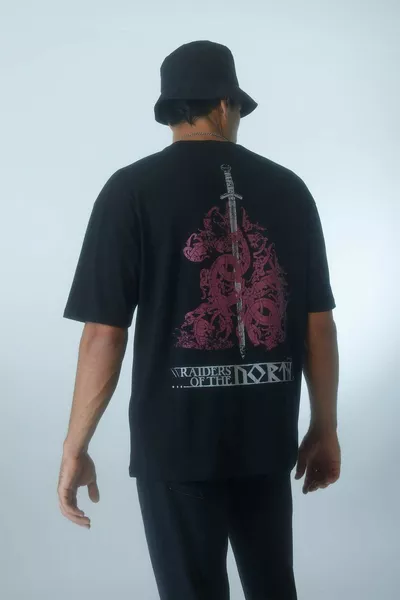 Vikings Valhalla Oversize Geniş Kalıp Bisiklet Yaka Sırt Baskılı Kısa Kollu Tişört SM