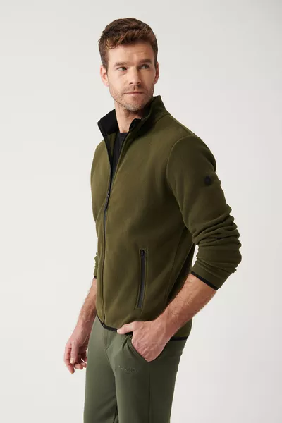 Herren Haki Basic Stehkragen Fleece-Strickjacke 