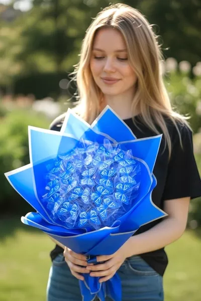 Букет с синим светодиодом в виде темно-синей бабочки, подарок маме, подарок любимой, подарок другу, искусственные цветы