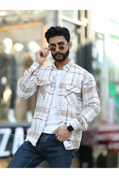 Men's White Beige Striped Double Pocket Flannel Shirt