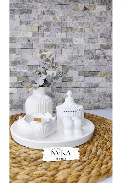 Set van 4 Gestreepte vaas + Lotus kandelaar + bewaardoos met deksel + bubbel decoratief object