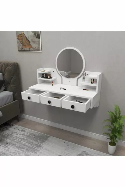 Polina Wall-Mounted Makeup Vanity with Mirror and Shelved Drawer, White - Polina