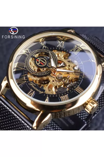 ساعة رجالية ميكانيكية، تصميم زجاج شفاف، آلية داخلية نشطة، ساعة رجالية فاخرة