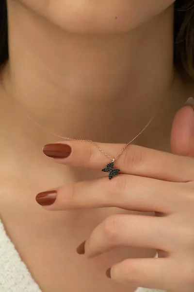  Sterling Silver Black Tiny Butterfly Necklace Women's Silver Necklace