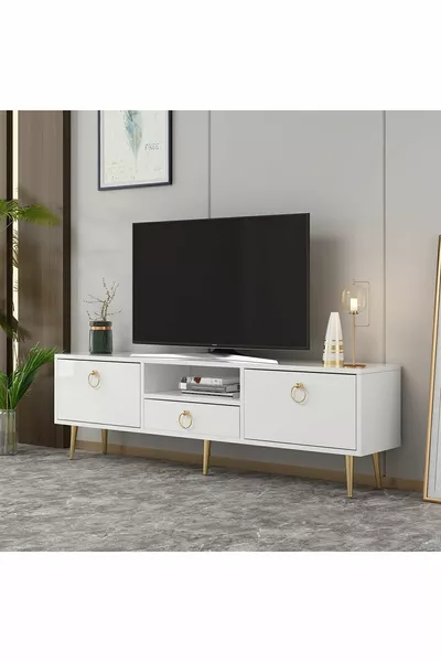وحدة تلفاز دروب بيضاء-ذهبية ببابين ورفوف وأدراج