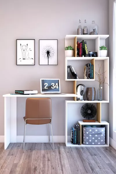 Функционално бюро Marla с рафт за книги, бял дъб