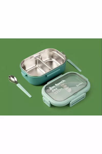 Contenitore per alimenti rettangolare in acciaio inox verde TANTİTONİ con forchetta e cucchiaio ML