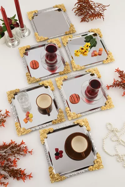 صينية تقديم مربعة زخرفية من الفولاذ المقاوم للصدأ 6 قطع بإطار ذهبي وفضي ونقشة زهور