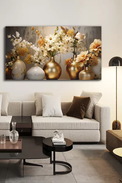 Bloemen in een Gouden Vaas Enkel Stuk Canvas - Canvas Schilderij