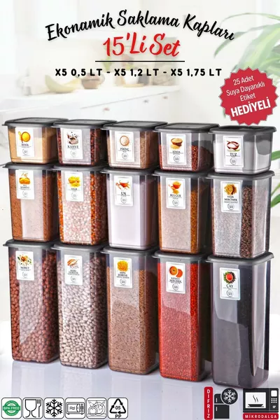 Etiketli 'li Antrasit Ekonomik Kırılmaz Saklama Kabı Seti ,/1,2/0,5 Lt