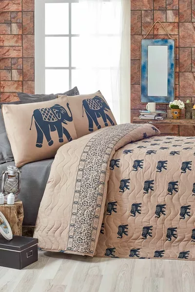 Çift Kişilik Kapitone Yatak Örtüsü Seti Fil Mavi