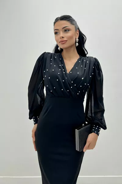 كريب قماش لؤلؤي بأكمام مفصلة تول قلم رصاص فستان - أسود