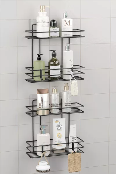 Многостепенна самозалепваща се баня рафт с 4 слоя, за душ шампоан, стенен организатор, черен