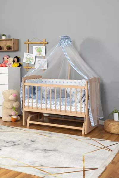 Culla in Legno Accanto alla Mamma Culla Organica (Senza Vernice) - Stelle Blu Set da Sonno con 3 Cuscini + Materasso