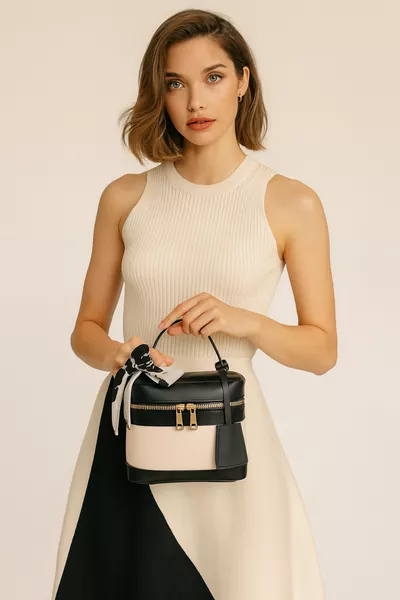 Borsa da donna nera e crema a tracolla con forma rettangolare per mano e spalla Melina