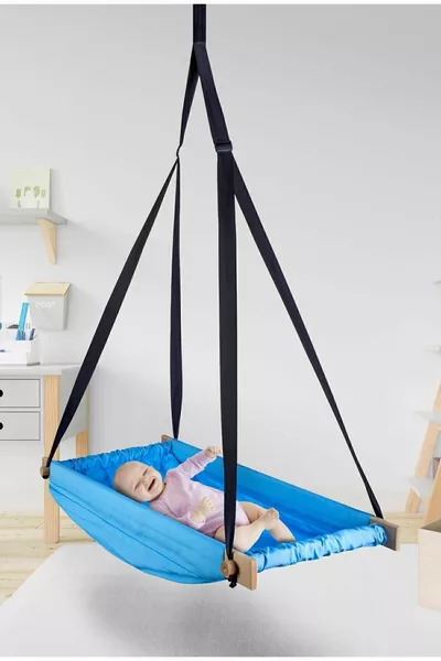Hamac à ressort en bois bleu Flow Hoppala lit de bébé suspendu au plafond balançoire