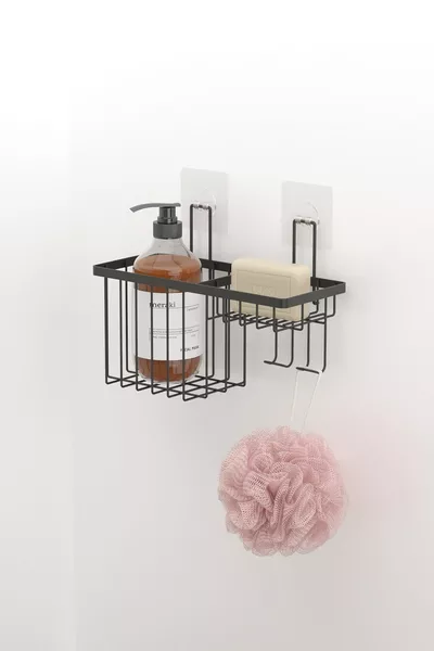 Органайзер за баня, поставка за шампоан с лепило, едноетажна поставка за сапун, матово черна 