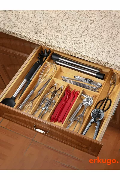 Бамбукова Регулируема (ГОЛЯМ РАЗМЕР) Кутия за Лъжици с Регулируеми Размери за Чекмедже, 6-8 Отделения, Органайзер