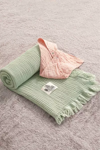 Couverture pour bébé et enfant en mousseline kaki à 4 couches avec pompons,  % coton *