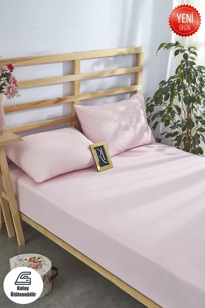 طقم مفارش مطاطية بلون وردي فاتح قطنية - مع أغطية وسائد - مفردة - مزدوجة - كبيرة