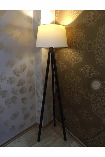 White Three-Legged Floor Lamp Wooden Tripod Base Lampshade 3-Leg Lamp Conical Fabric Shade Walnut