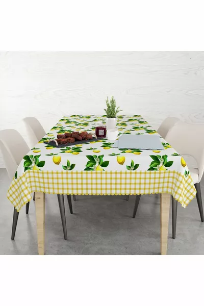 Скатерть без проблем с лимонным узором и клетчатой каймой